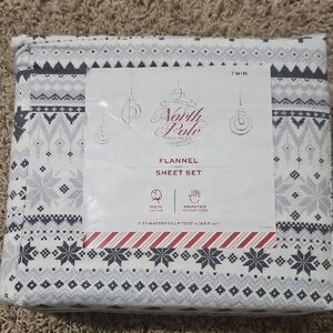 North Pole Trading Co. Flannel Sheet Set - Twin, White and Gray